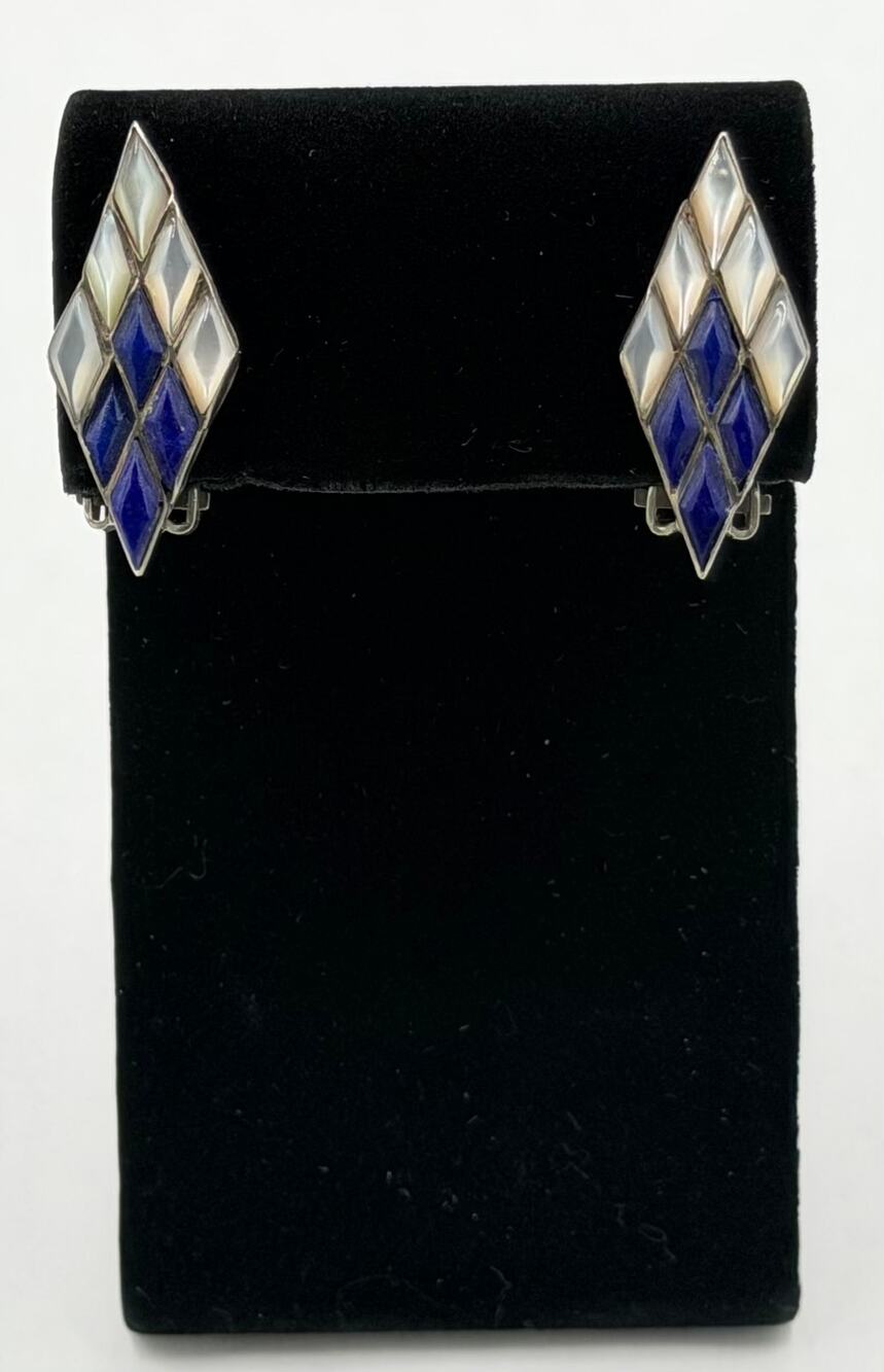 Navajo JW Jack Whittaker Sterling Clip-On Earrings Lapis & Mother of Pearl Inlay